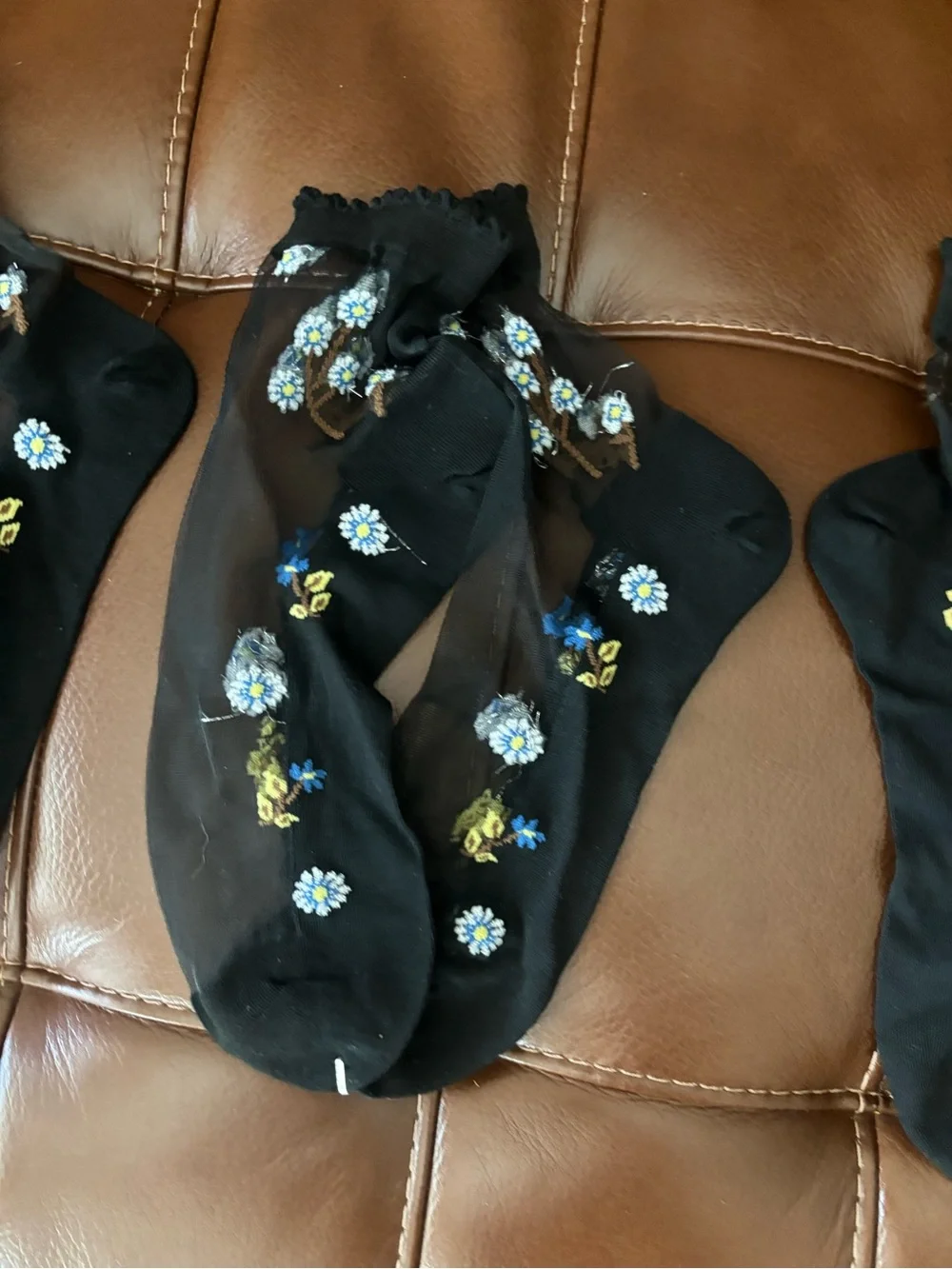 Black Sheer Ankle Socks with Blue Floral Embroidery - Women Accessories